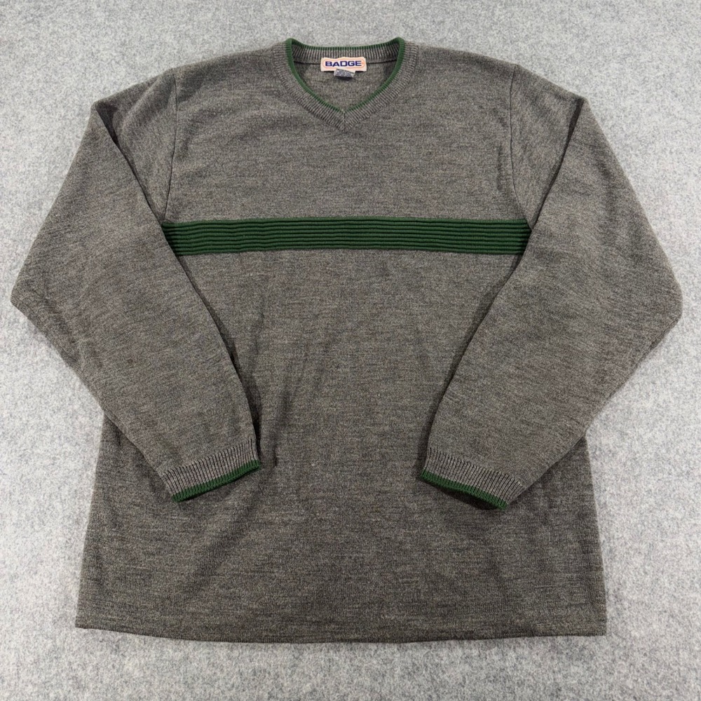 Vintage Badge Mens XL Gray Green Stripe Knit Crewneck Sweater 90s Retro